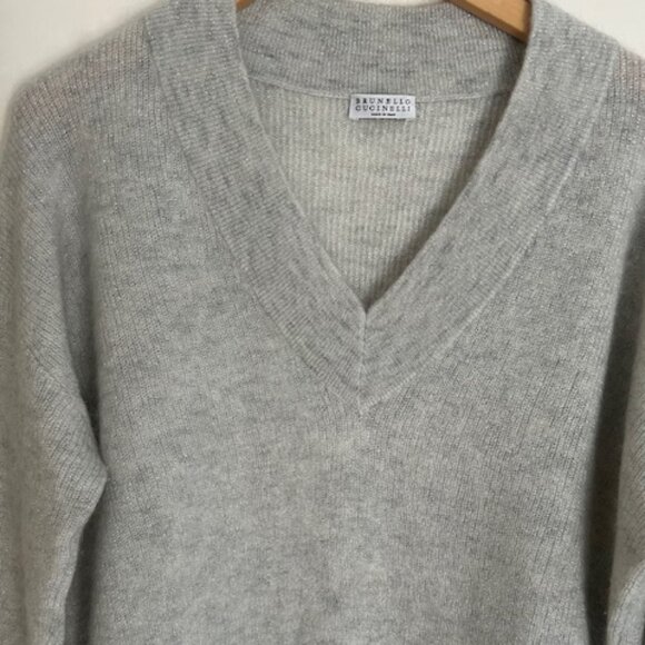Brunello Cucinelli Gray Mohair Blend  V-Neck Sweater - Size Large - Picture 3 of 7
